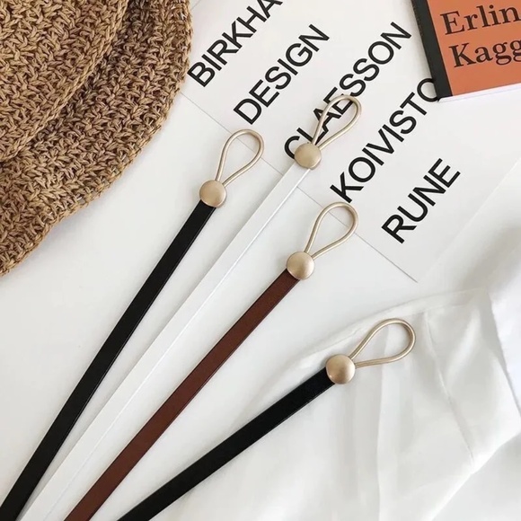 2/$30 Minimalist Brown Faux Leather Waist Belt Gold Loop Buckle Skinny for Dress - Picture 5 of 7